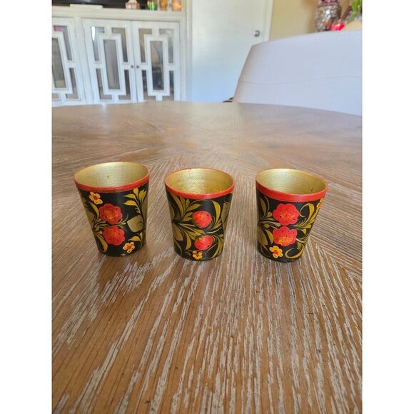 Vintage Hand-Painted Floral Wooden Shot Glasses Set Of 3 - Picture 1 of 16